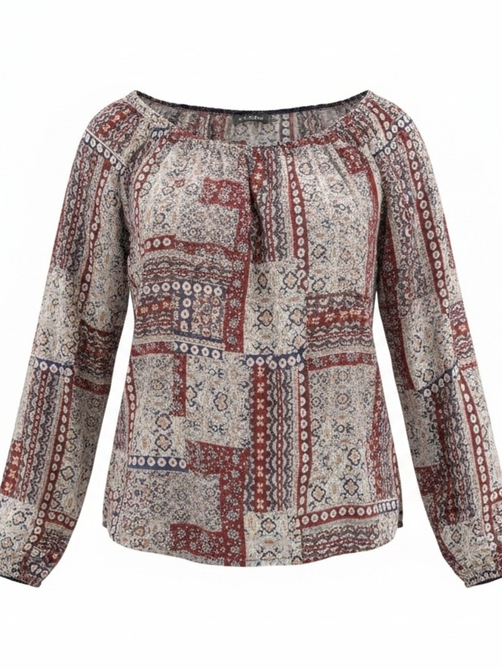 Boho Patchwork Peasant Blouse - Rust & Cream